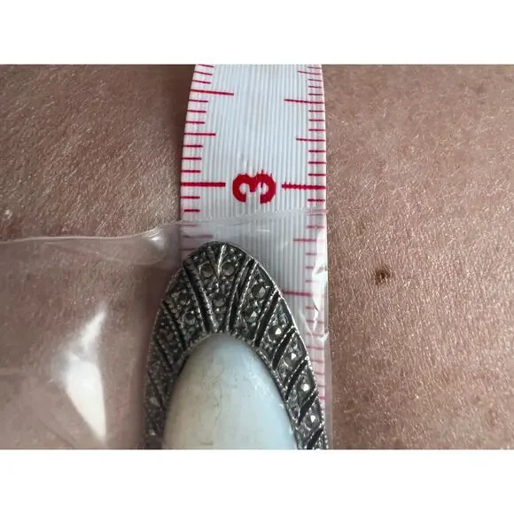 Vintage Sterling Silver 925 Marcasite Brooch with Mother of Pearl 2.75” Oval Pin - Picture 7 of 9